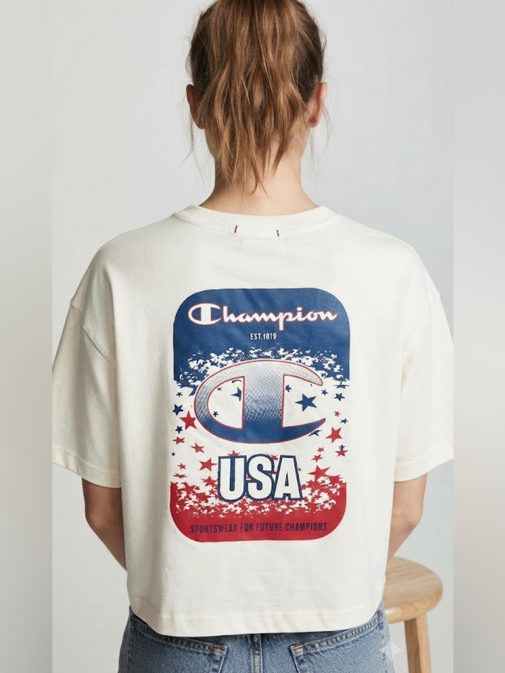 Champion Women's Off White Logo T Shirt Premium Sportswear Tee Size M NWT